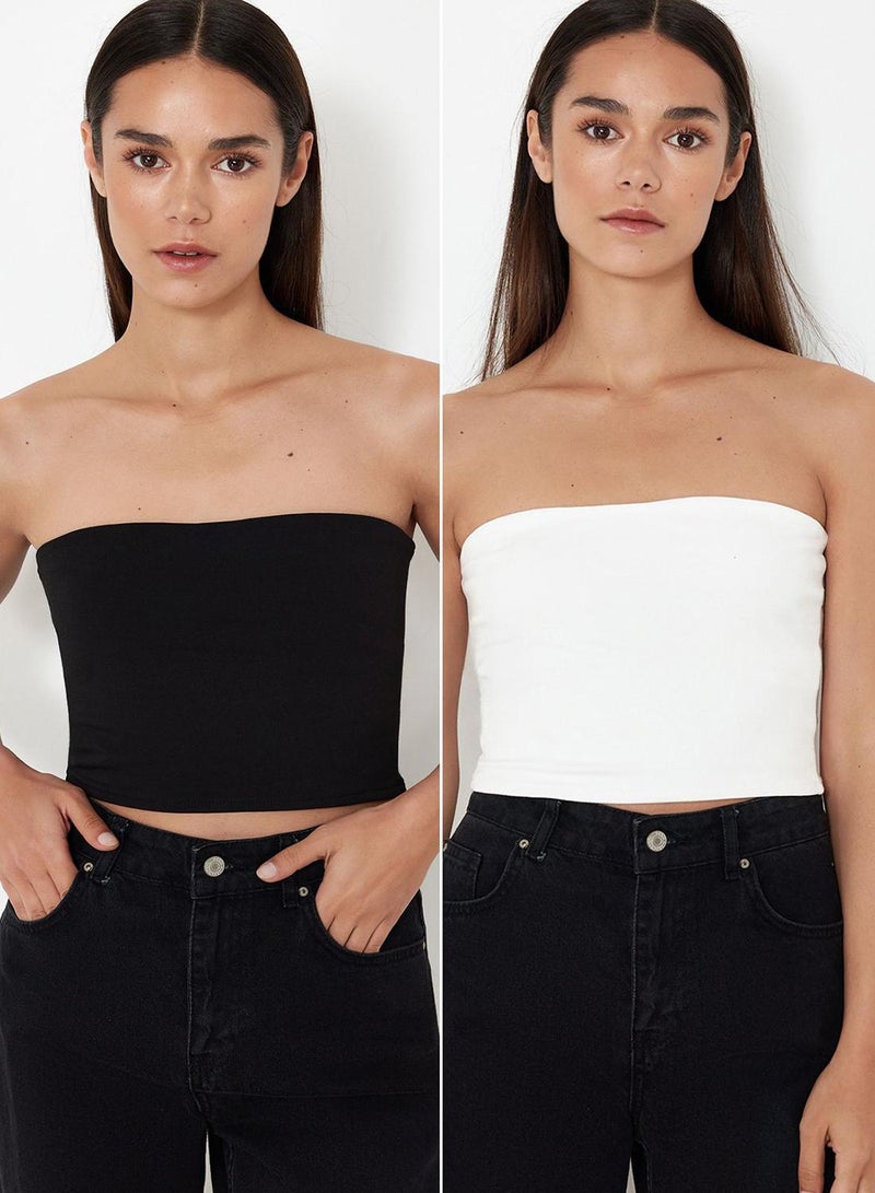 trendyol Black-Ecru 2'Li Paket Fitted Crop Stretchy Knitted Blouse Twoss24Bz00600 - Image 1