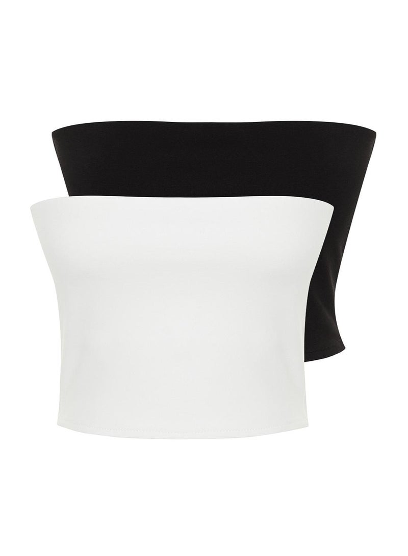 trendyol Black-Ecru 2'Li Paket Fitted Crop Stretchy Knitted Blouse Twoss24Bz00600 - Image 4