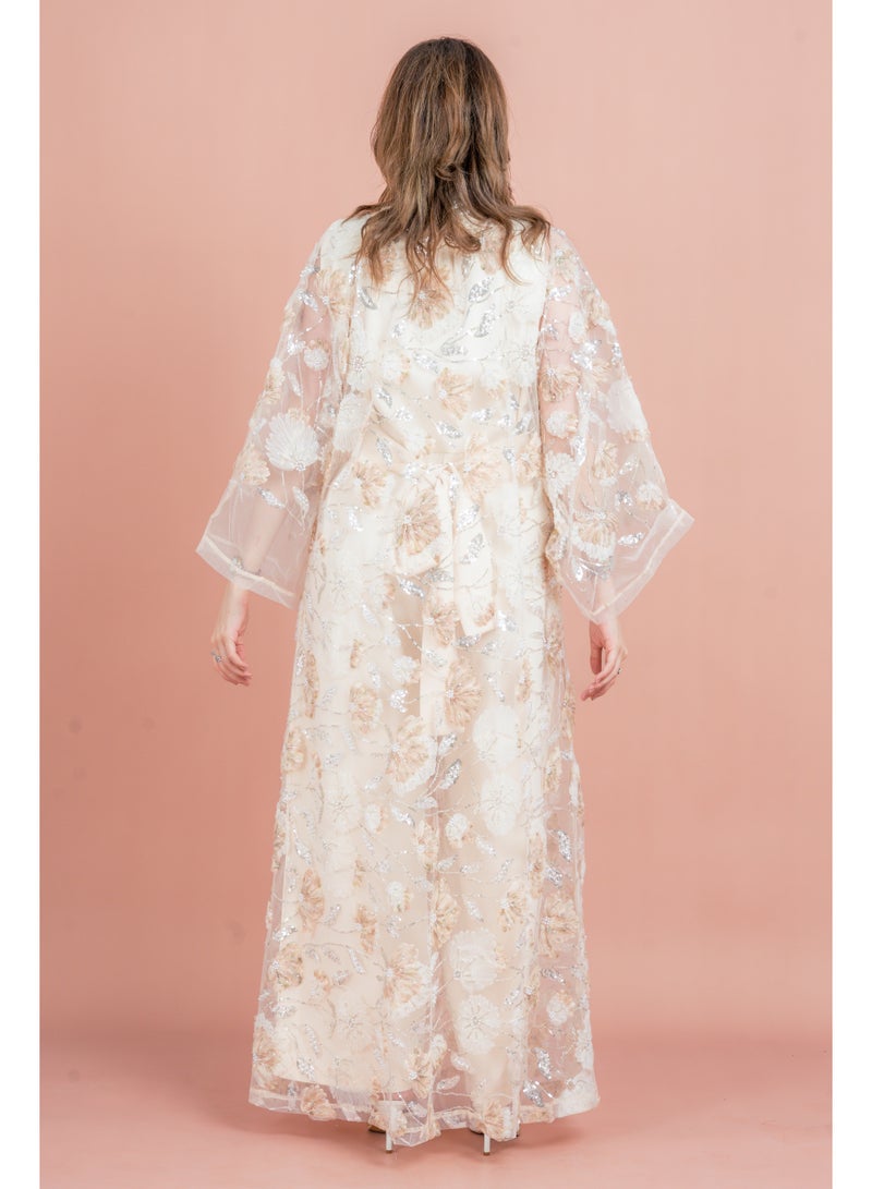 اكسا عباية عصرية نقوش زهور متناسقة IK1054 بيج - Image 4