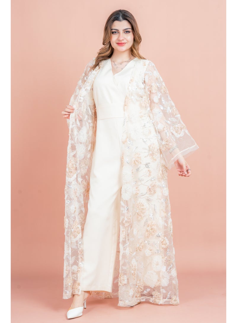 اكسا عباية عصرية نقوش زهور متناسقة IK1054 بيج - Image 1