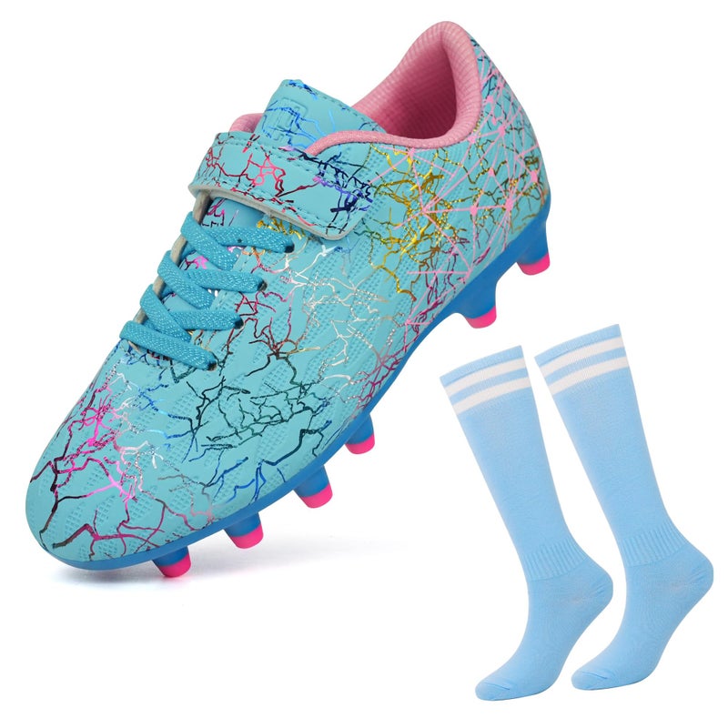 brooman Kids Firm Ground Soccer Cleats Boys Girls Football Cleats with Soccer Socks (8,Blue) - Image 1