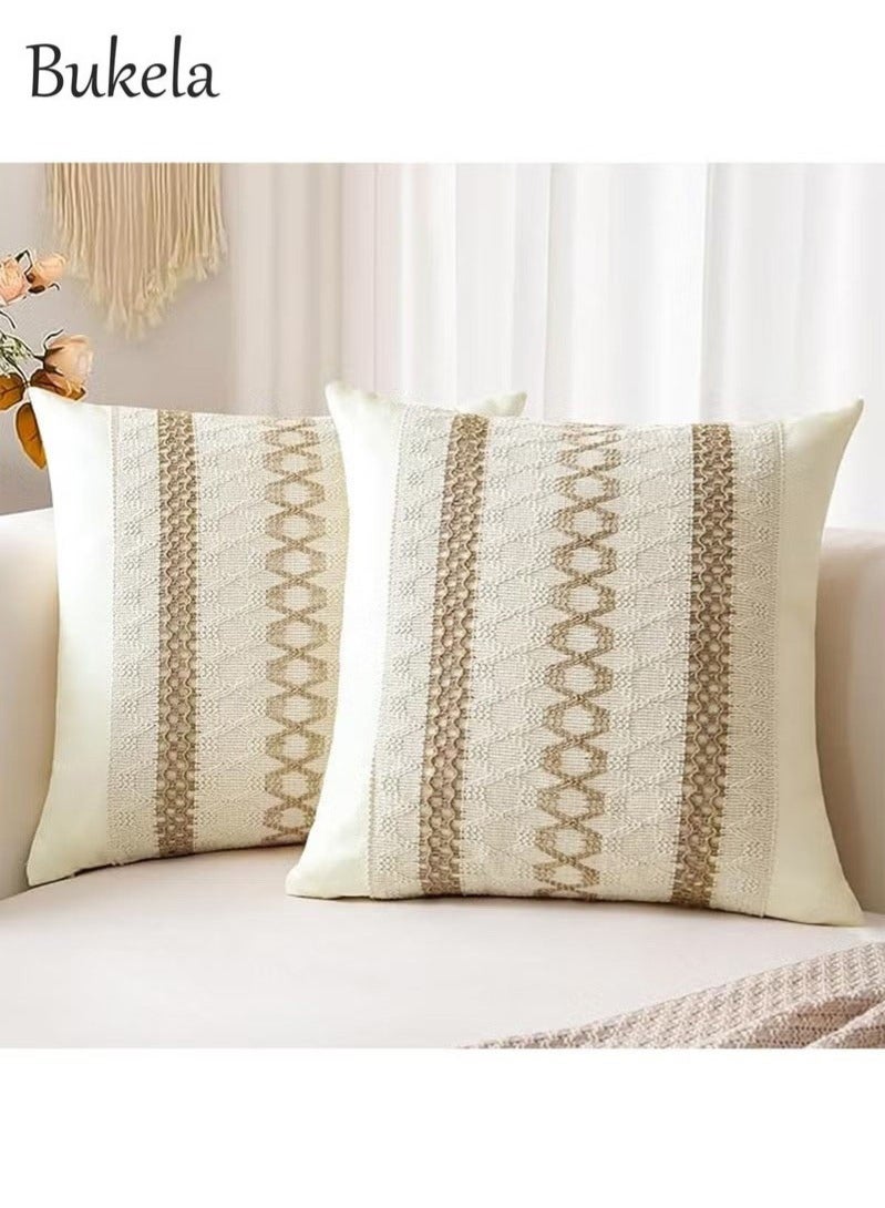 Bukela Set of 2 Throw Cushion Cover, Decorative Farmhouse Boho Pillow Cases, Decorative Geometric Modern Pattern Pillow Cushion Case for Couch Bedroom Living Room Sofa (Beige, 18 x 18 Inch) - Image 1