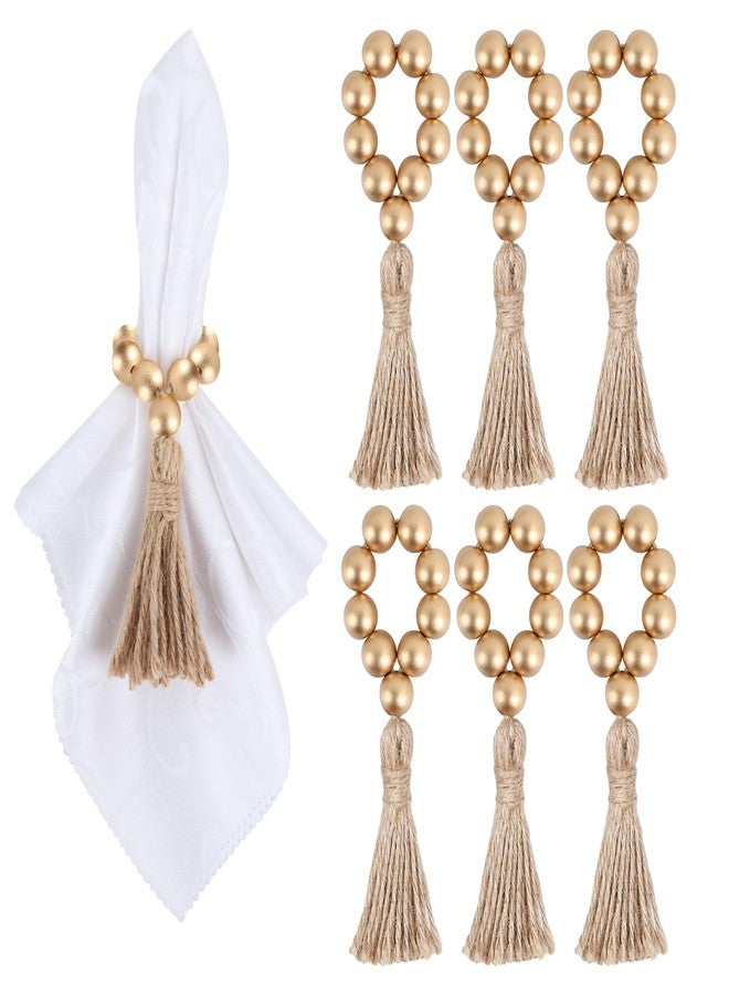 Meplait 6-Piece Wooden Bead Napkin Rings - Farmhouse Stretchable Napkin Rings with Tassel Boho Design for Dining Table & Wedding Decoration (Gold) - Image 1