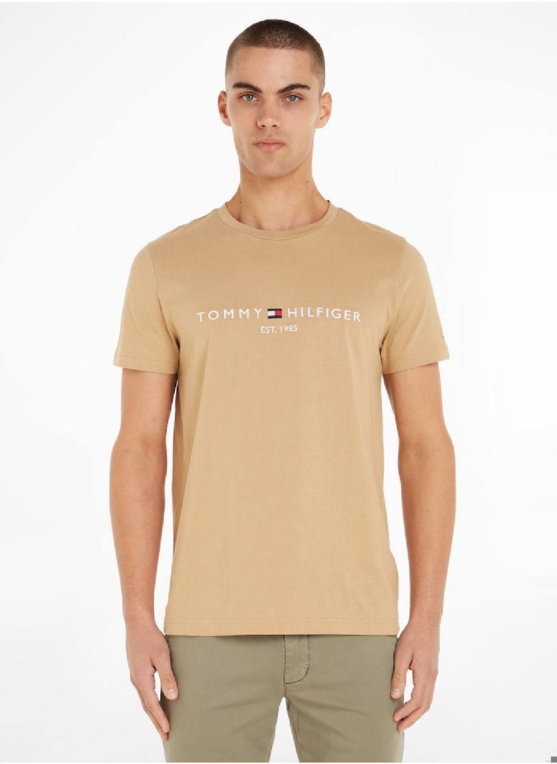 TOMMY HILFIGER Men's Logo Embroidery Slim Fit T-Shirt -  Pure cotton, Beige  - Image 1