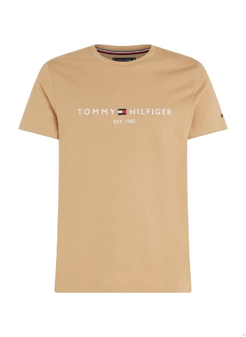 TOMMY HILFIGER Men's Logo Embroidery Slim Fit T-Shirt -  Pure cotton, Beige  - Image 2