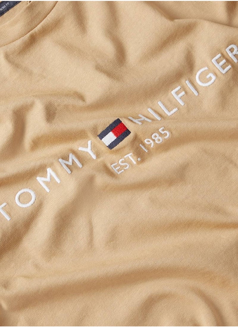 TOMMY HILFIGER - Men's Logo Embroidery Slim Fit T-Shirt -  Pure cotton, Beige - Image 1