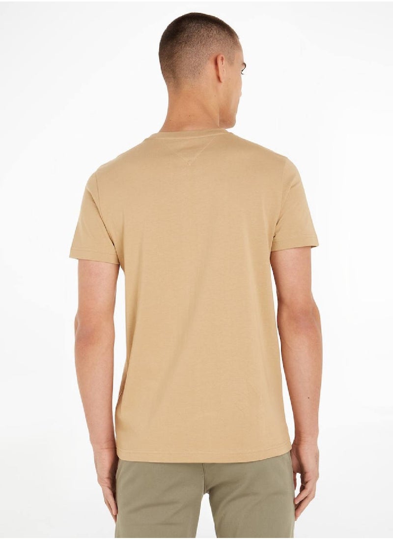 TOMMY HILFIGER Men's Logo Embroidery Slim Fit T-Shirt -  Pure cotton, Beige  - Image 3