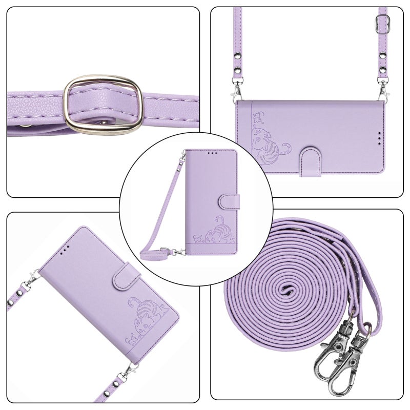BURAQ Case Cover For vivo Y02S 4G Global Cat Rat Embossed Pattern RFID Leather Phone Case with Lanyard(Purple) - Image 2