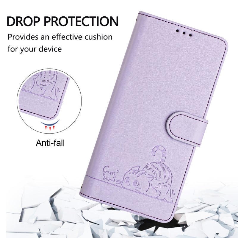 BURAQ Case Cover For vivo Y02S 4G Global Cat Rat Embossed Pattern RFID Leather Phone Case with Lanyard(Purple) - Image 4