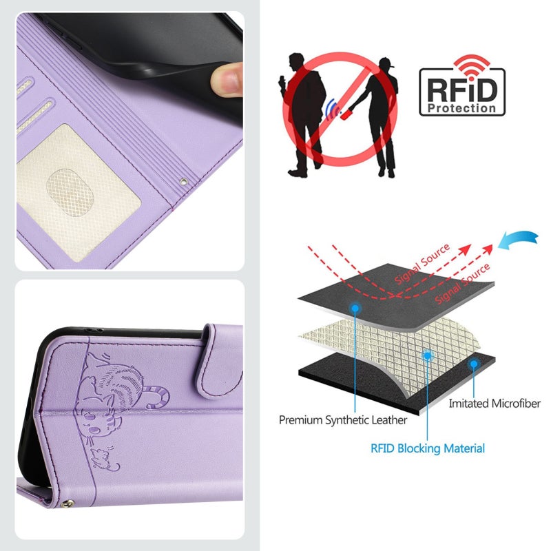 BURAQ Case Cover For vivo Y02S 4G Global Cat Rat Embossed Pattern RFID Leather Phone Case with Lanyard(Purple) - Image 5