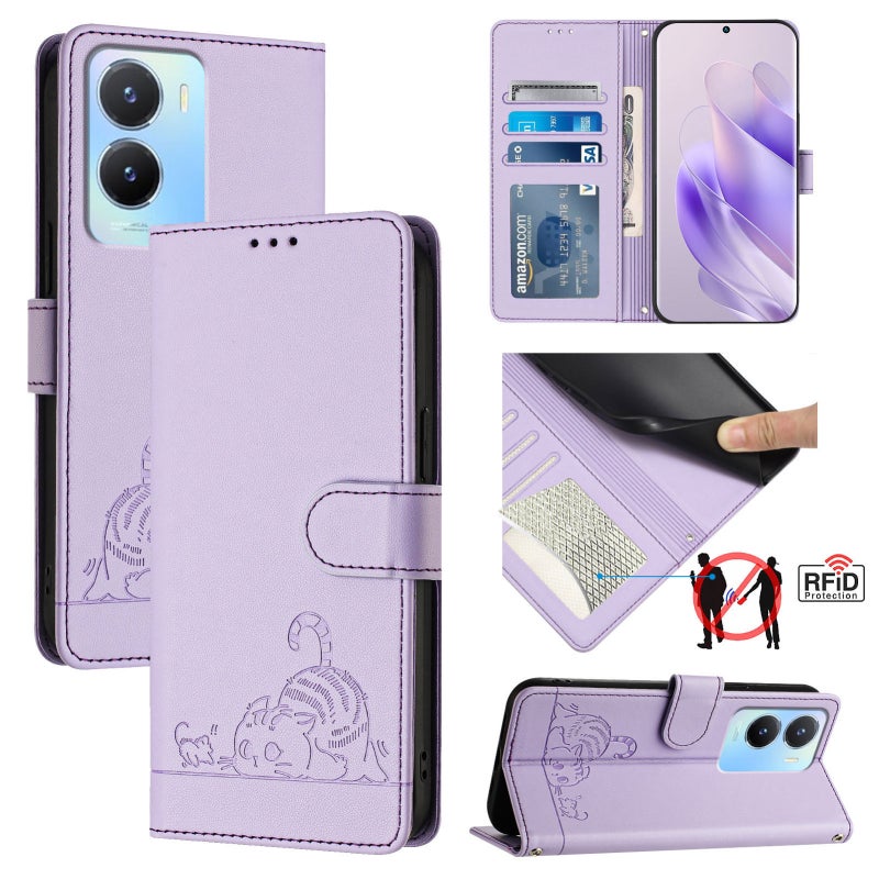 BURAQ Case Cover For vivo Y02S 4G Global Cat Rat Embossed Pattern RFID Leather Phone Case with Lanyard(Purple) - Image 1