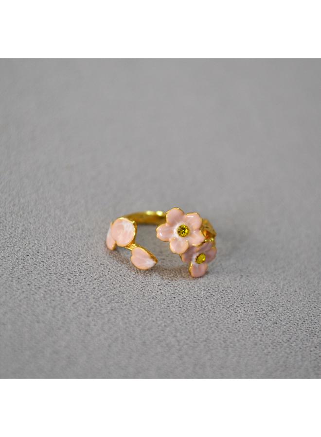 Pastoral Style Spring And Summer New Pink Drop Glaze Enamel Cherry Blossom Sweet Opening Adjustable Ring Finger Ring
