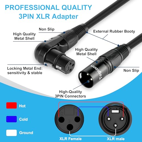 Togconn 2-Pack XLR Microphone Extension Cable Adapter 0.6 Feet, 90 Degree XLR Female to Straight Male 3-Pin Mic Connector for Speaker, Recording Studio, Mic Mixer, Audio Interface, Amplifier, More - Image 2