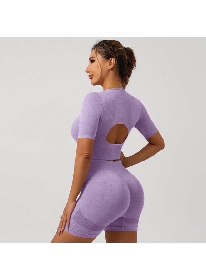 general Purple Women's Slim Fit Yoga Short Sleeve and Shorts Set Breathable Sports Fitness Outfit - Image 1