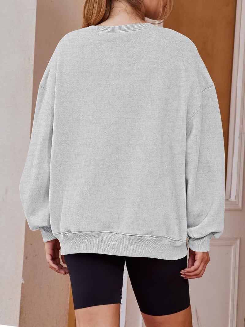 Lacozy Oversized Sweatshirts for Women USA Graphic Letter Crewneck Fleece Tops Loose Outfits Winter Clothes Grey S - Image 2