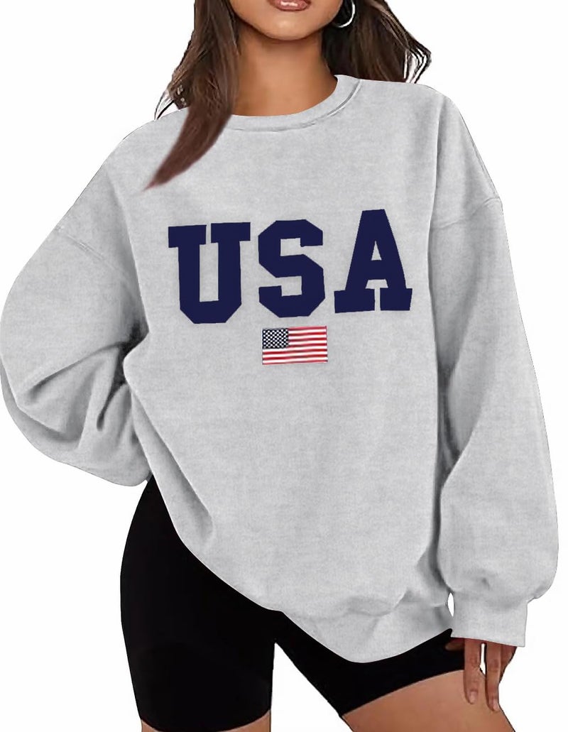 Lacozy Oversized Sweatshirts for Women USA Graphic Letter Crewneck Fleece Tops Loose Outfits Winter Clothes Grey S - Image 1