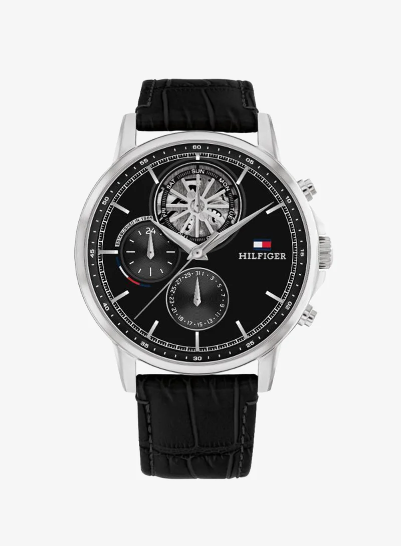 Mens Analog Multifunction Quartz Watch With Black Leather Strap - 1710605