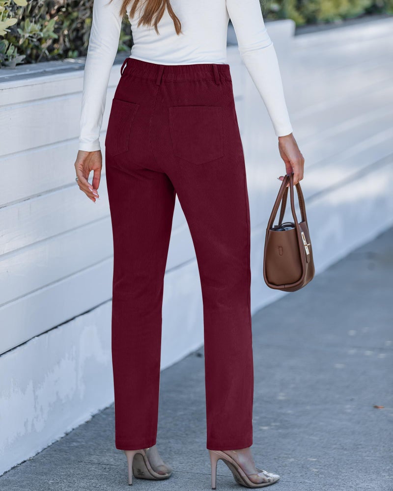 GRAPENT Womens High Waist Corduroy Pants Classy Outfits for Women Dress Pants for Women Wine Red Small Fits US Size 4 to 6 - Image 2