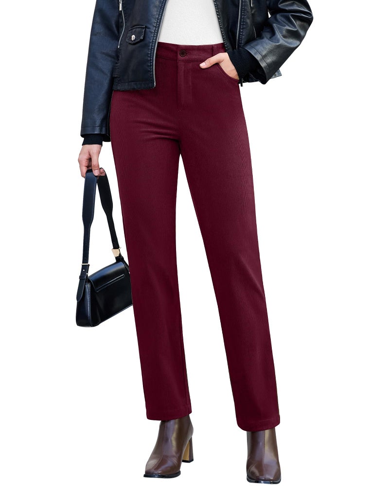 GRAPENT Womens High Waist Corduroy Pants Classy Outfits for Women Dress Pants for Women Wine Red Small Fits US Size 4 to 6 - Image 1
