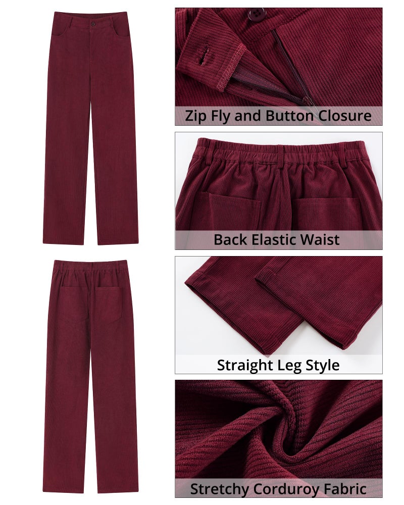 GRAPENT Womens High Waist Corduroy Pants Classy Outfits for Women Dress Pants for Women Wine Red Small Fits US Size 4 to 6 - Image 5