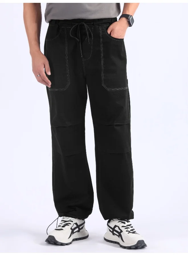 بيونغ بنطلون رياضي كارجو أسود بطيات مزدوجة