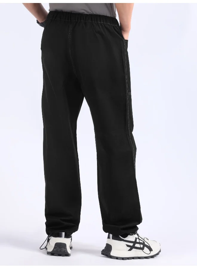 بيونغ بنطلون رياضي كارجو أسود بطيات مزدوجة