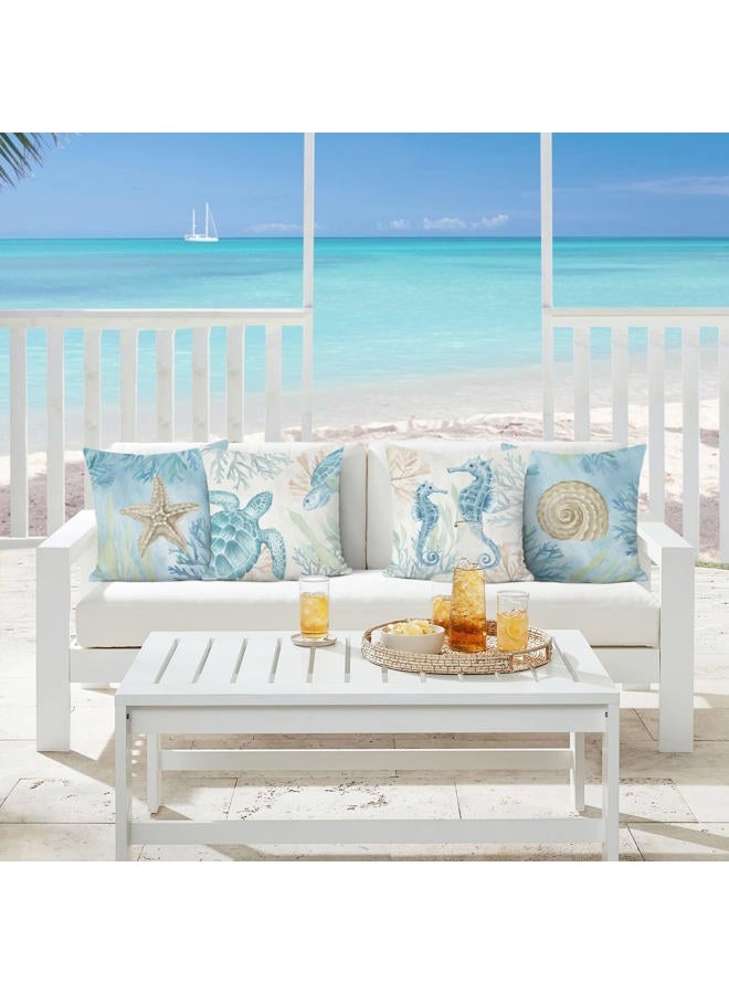 Bonhause Ocean Beach Cushion Covers 45 x 45 cm Seahorse Turtle Starfish Coastal Outdoor Decorative Throw Pillow Covers Soft Velvet Pillowcases for Sofa Patio Home Decor Set of 4 - Image 2