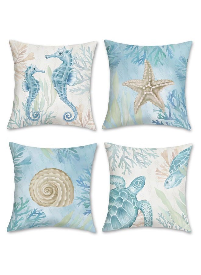 Bonhause Ocean Beach Cushion Covers 45 x 45 cm Seahorse Turtle Starfish Coastal Outdoor Decorative Throw Pillow Covers Soft Velvet Pillowcases for Sofa Patio Home Decor Set of 4 - Image 1