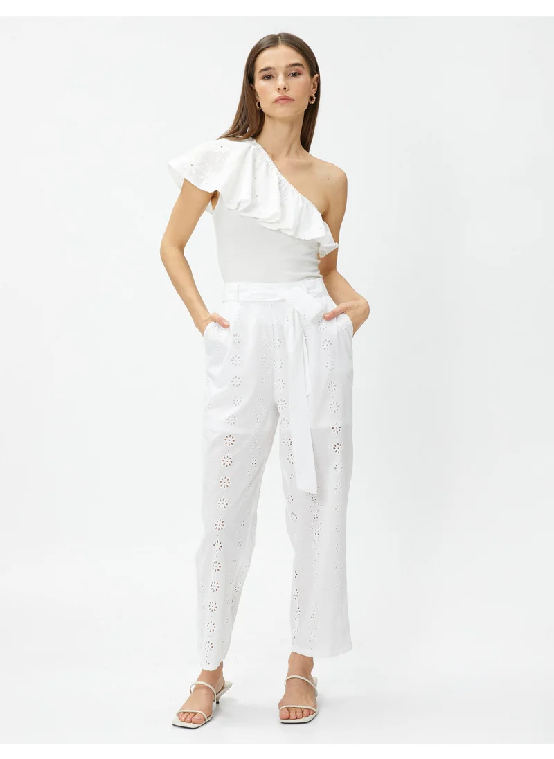 كوتون Crop Embroidery Trousers with Belt Detail