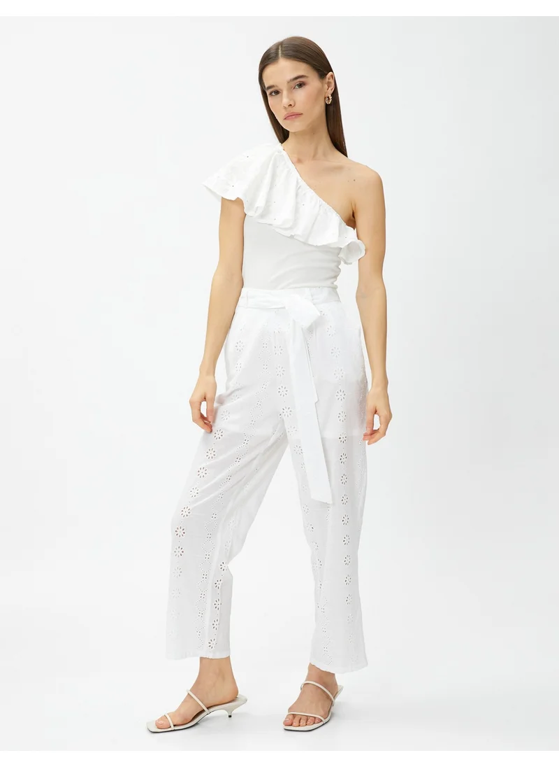 كوتون Crop Embroidery Trousers with Belt Detail