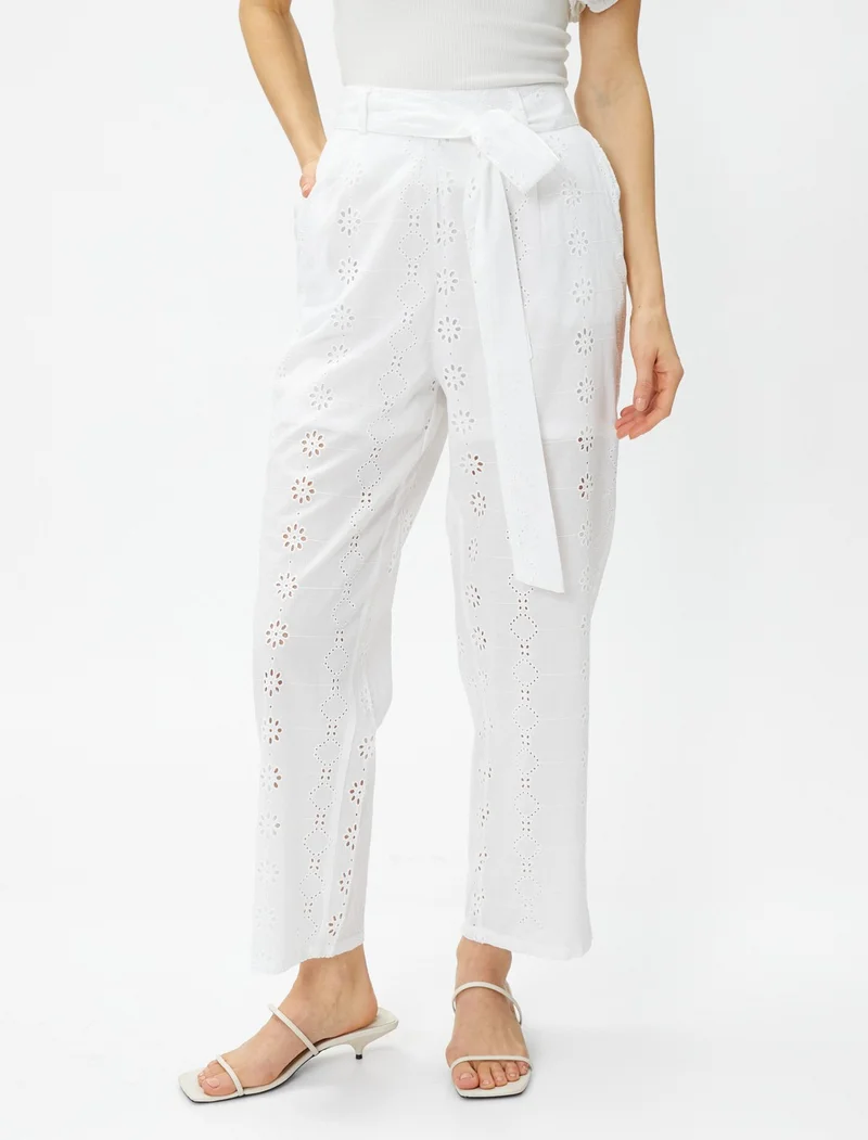 KOTON Crop Embroidery Trousers with Belt Detail
