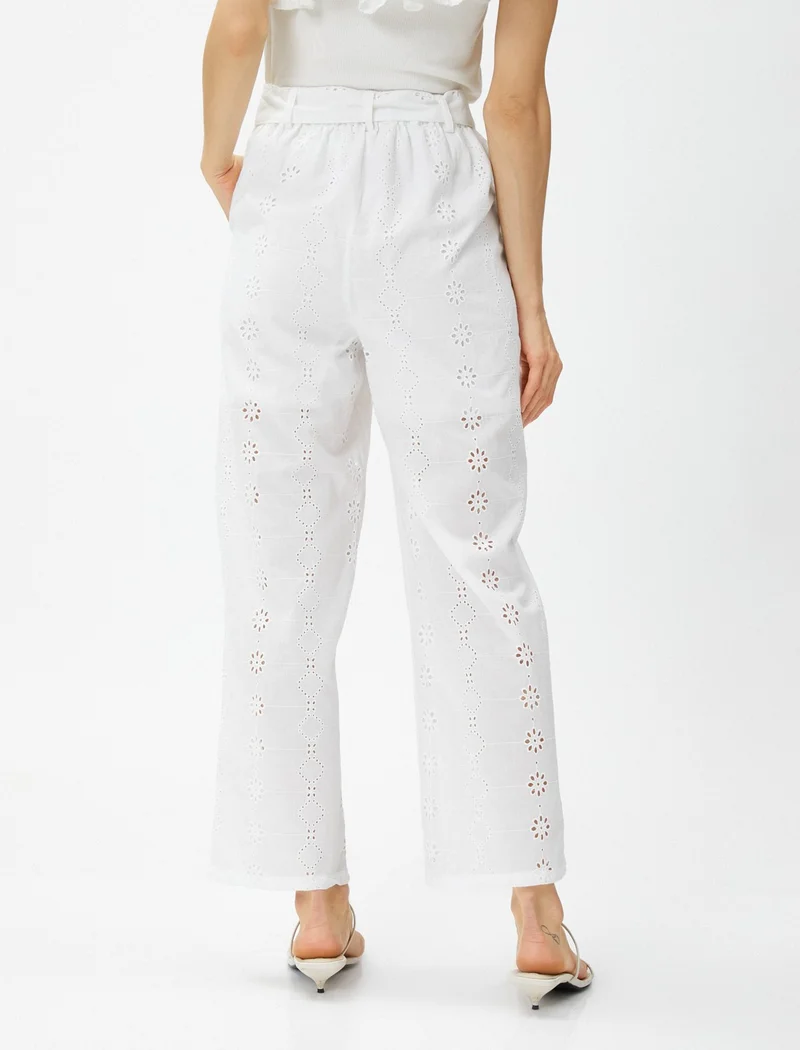 KOTON Crop Embroidery Trousers with Belt Detail