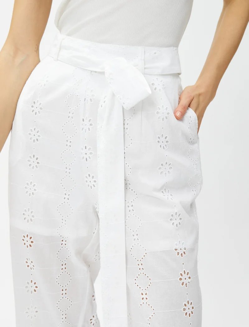 KOTON Crop Embroidery Trousers with Belt Detail