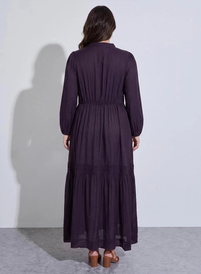Styli Plus Size Purple Solid Lace Details A-Line Maxi Dress - Image 4
