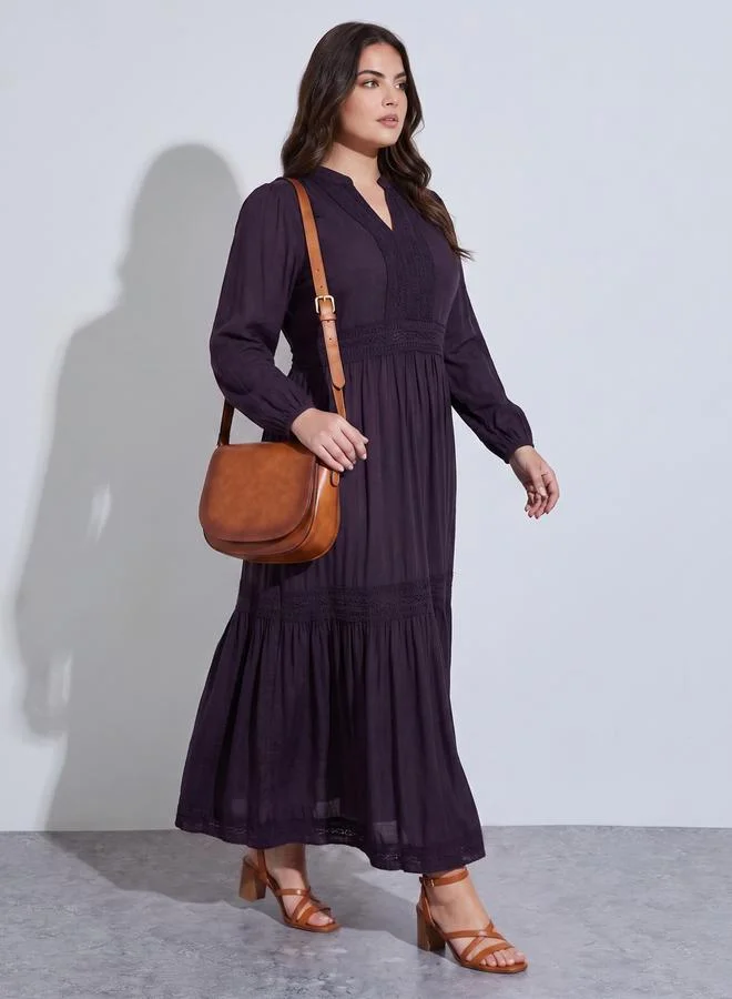 Plus Size Purple Solid Lace Details A-Line Maxi Dress