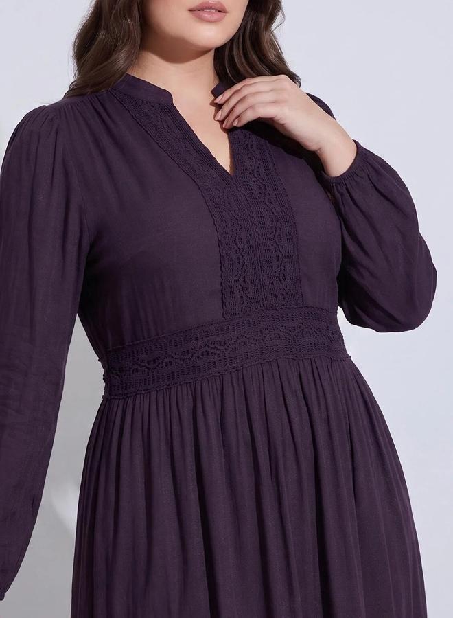 Styli Plus Size Purple Solid Lace Details A-Line Maxi Dress - Image 3