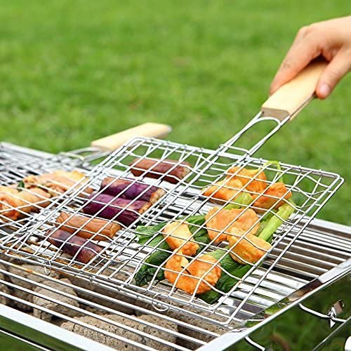 TRAY Stainless Steel BBQ Barbecue Square Wire Grill Basket Pan with Wooden Handle for Home Kitchen L60 x W 35 x H6CM - Image 1