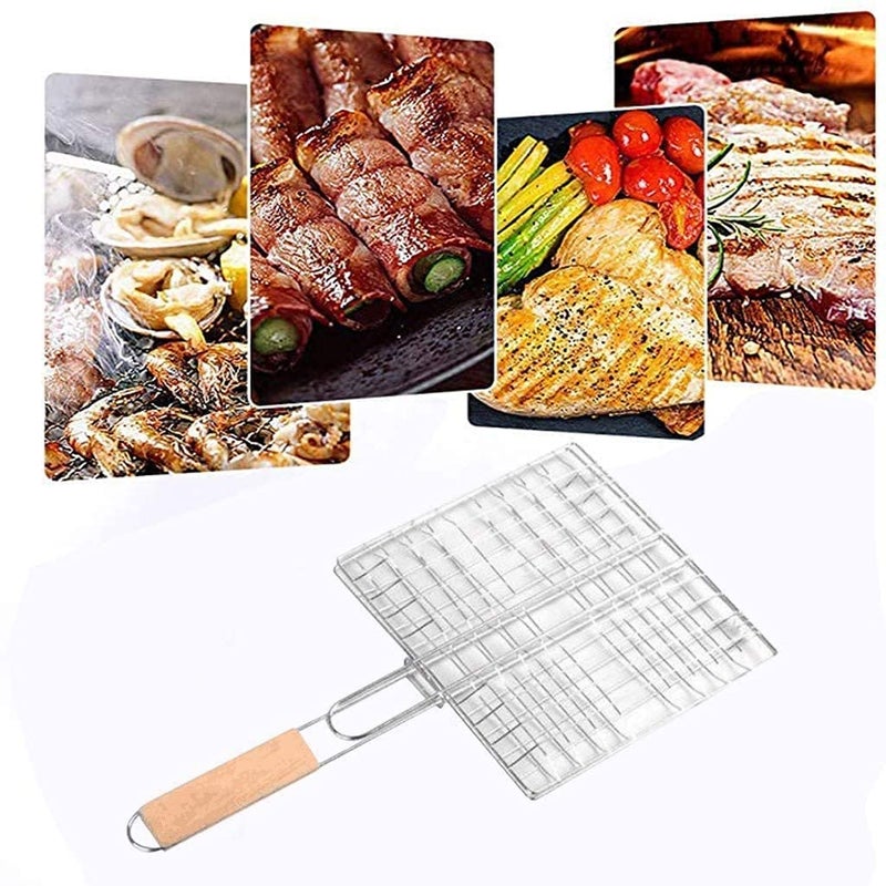 TRAY Stainless Steel BBQ Barbecue Square Wire Grill Basket Pan with Wooden Handle for Home Kitchen L60 x W 35 x H6CM - Image 2