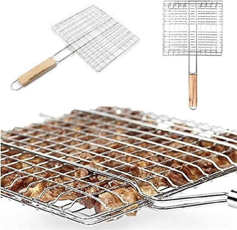 TRAY Stainless Steel BBQ Barbecue Square Wire Grill Basket Pan with Wooden Handle for Home Kitchen L60 x W 35 x H6CM - Image 4