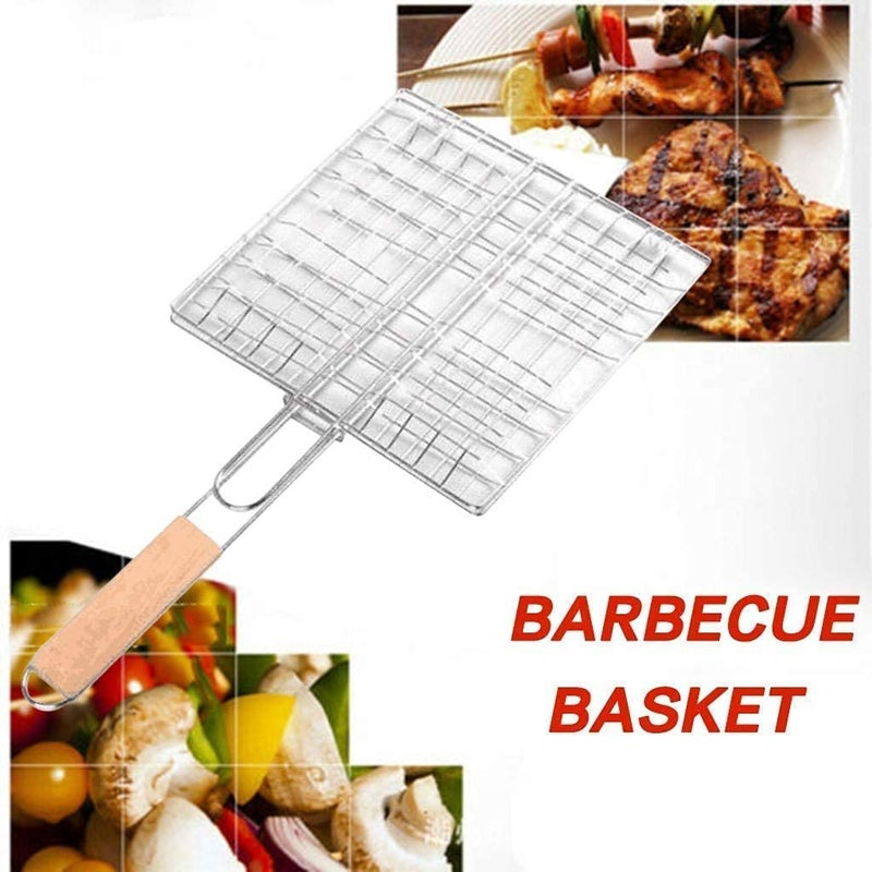 TRAY Stainless Steel BBQ Barbecue Square Wire Grill Basket Pan with Wooden Handle for Home Kitchen L60 x W 35 x H6CM - Image 3