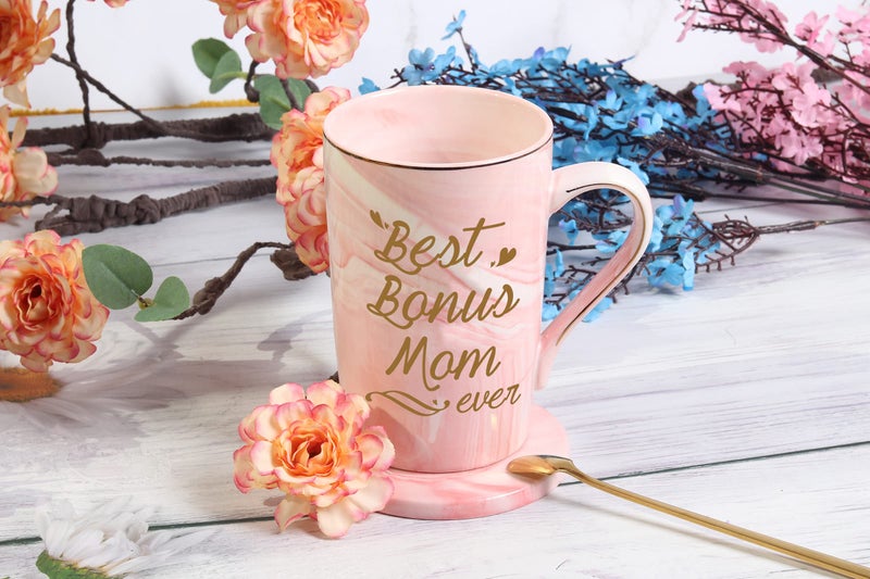 Toshiy Best Bonus Mom Ever Coffee Mug - Birthday and Mother's Day Gift from Daughter, Son, Kids - 14 Ounce Pink With Gift Box, Spoon, Coaster - Image 4