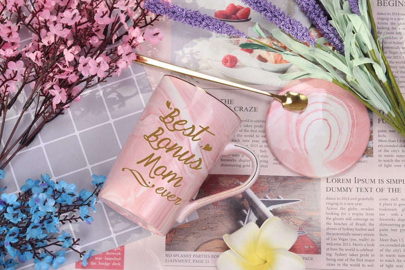 Toshiy Best Bonus Mom Ever Coffee Mug - Birthday and Mother's Day Gift from Daughter, Son, Kids - 14 Ounce Pink With Gift Box, Spoon, Coaster - Image 2