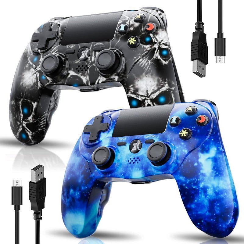 2 Pack Wireless Controller for PS4, Game Controller Compatible with Playstation 4/Slim/Pro/PC, with Dual Vibration/6-axis Motion Sensor/Stereo Headset Jack/Touchpad/800mAh battery(Blue and Skull) - Image 1