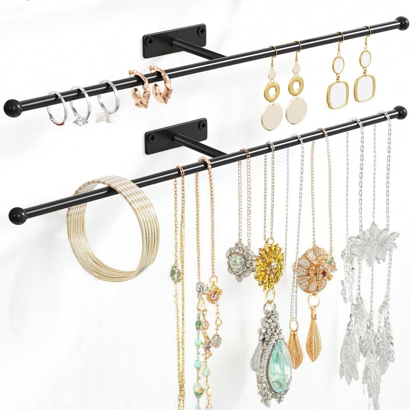 Josmimic Wall Hanging Jewelry Organizer: 12.6'' Necklace Holder for Earring, Bracelet, Rings, Hairband, Glasses, Black 2-Pack, Screws Included - Image 1