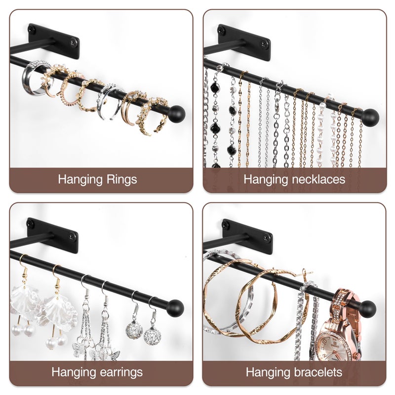 Josmimic Wall Hanging Jewelry Organizer: 12.6'' Necklace Holder for Earring, Bracelet, Rings, Hairband, Glasses, Black 2-Pack, Screws Included - Image 4