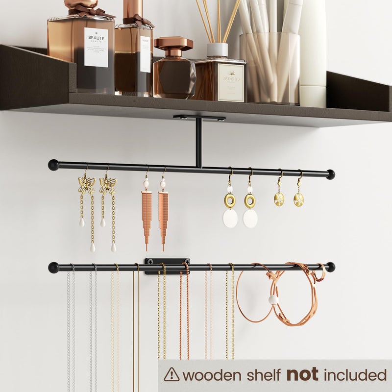 Josmimic Wall Hanging Jewelry Organizer: 12.6'' Necklace Holder for Earring, Bracelet, Rings, Hairband, Glasses, Black 2-Pack, Screws Included - Image 2