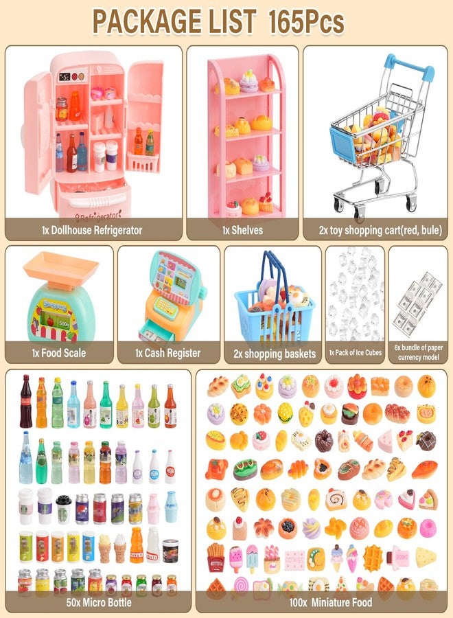 kapeiluo 165Pcs Mini Shopping Cart Basket Miniature Food Drink Toy Supermarket Metal Handcart Shelves Cash Register Fridge Food Scale Trolley Dollhouse Store Grocery Accessories Kitchen Play Game Party Model - Image 2