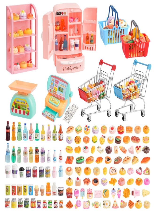 kapeiluo 165Pcs Mini Shopping Cart Basket Miniature Food Drink Toy Supermarket Metal Handcart Shelves Cash Register Fridge Food Scale Trolley Dollhouse Store Grocery Accessories Kitchen Play Game Party Model - Image 1