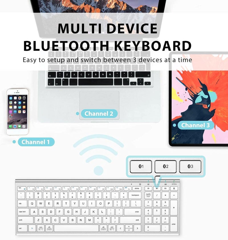 iClever BK10 Bluetooth Keyboard, Universal Bluetooth 5.1 Wireless Keyboard with Number Pad, Ergonomic Design, Multi-Device Compatibility, Stable Connection for Mac, iPad, iPhone, Android, Windows - Image 2