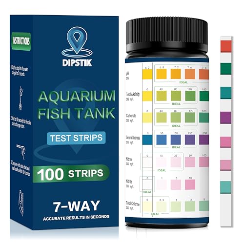 DIPSTIK Aquarium Test Strips, 7-Way Freshwater Saltwater Fish Tank Pond Test Kit, 100 Strips, Nitrate, Nitrite, Chlorine, Hardness, Alkalinity, Carbonate, pH - Image 1